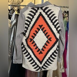 Tribal Pattern lightweight sweater Jacket with Orange and Black Design Medium